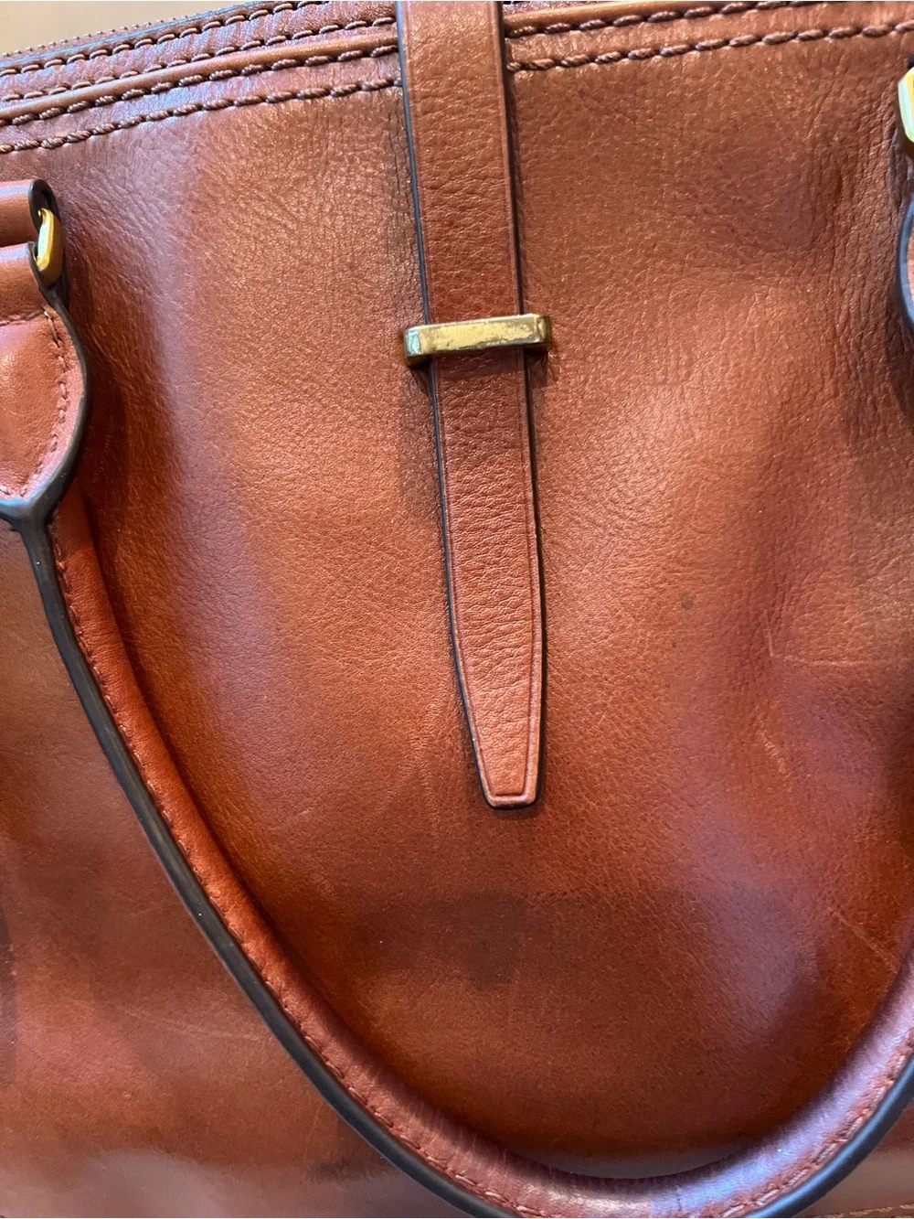 Fossil Cognac Brown Leather Satchel with Key Charm